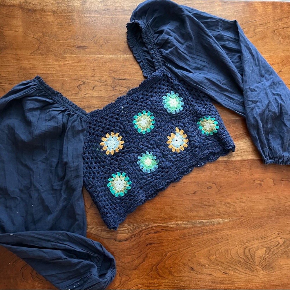 Aerie Cropped Crochet Top Navy Small